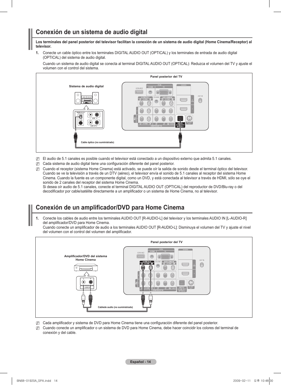Conexión de un sistema de audio digital, Conexión de un amplificador/dvd para home cinema | Samsung BN68-01920A-00 User Manual | Page 59 / 91