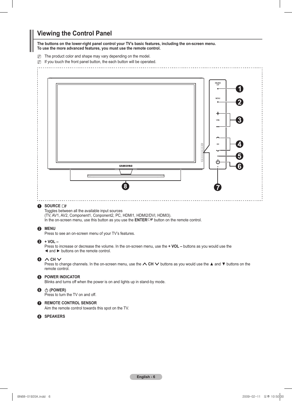 Viewing the control panel | Samsung BN68-01920A-00 User Manual | Page 6 / 91
