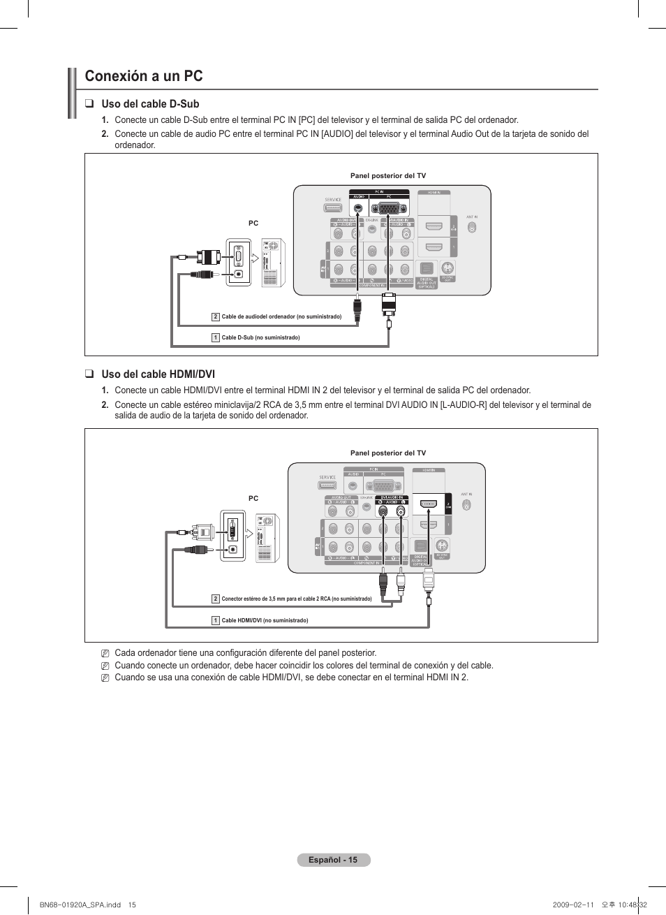 Conexión a un pc, Uso del cable d-sub, Uso del cable hdmi/dvi | Samsung BN68-01920A-00 User Manual | Page 60 / 91