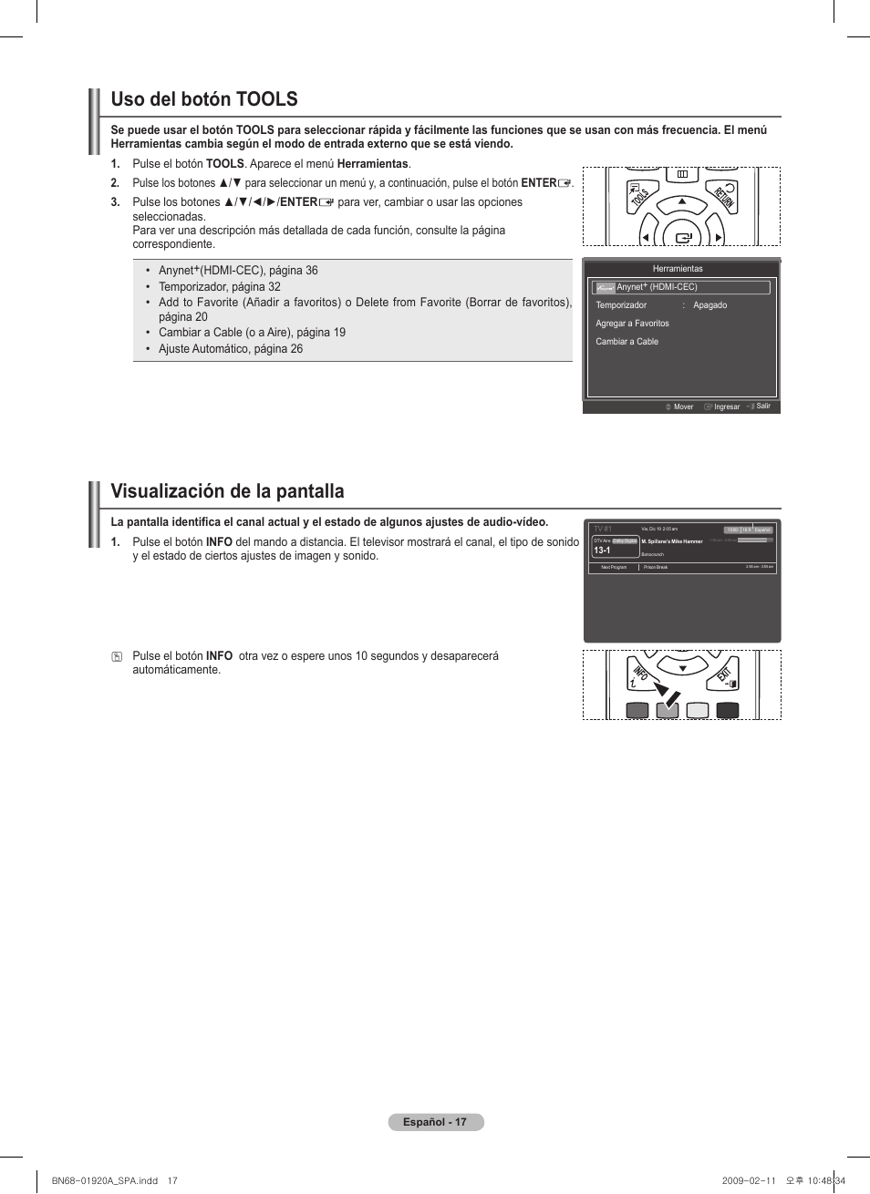 Visualización de la pantalla, Uso del botón tools | Samsung BN68-01920A-00 User Manual | Page 62 / 91