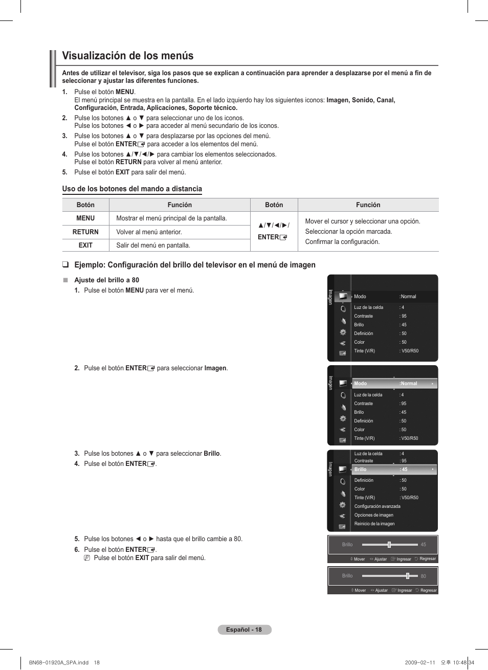 Visualización de los menús, Uso de los botones del mando a distancia | Samsung BN68-01920A-00 User Manual | Page 63 / 91