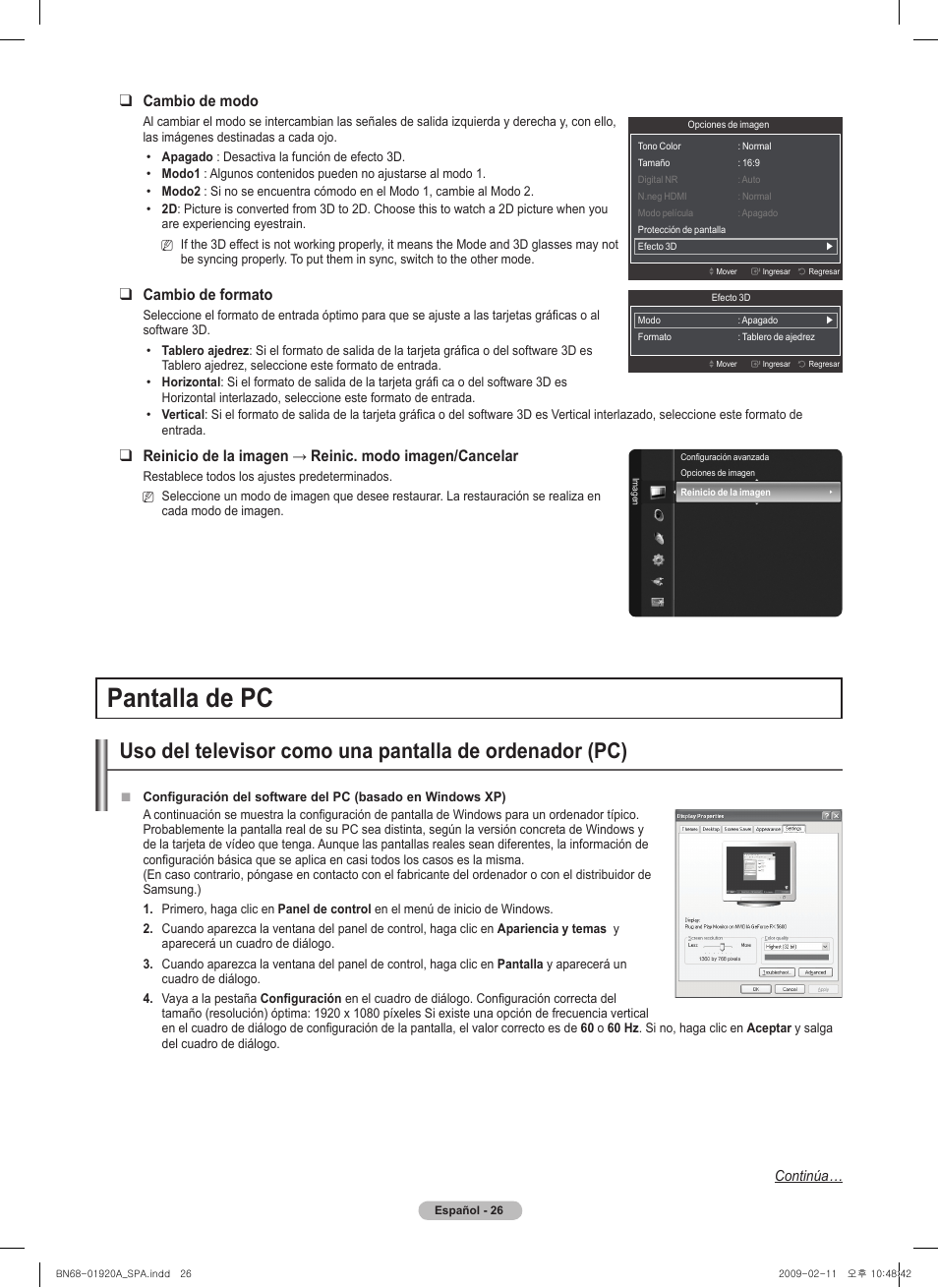 Pantalla de pc, Cambio de modo, Cambio de formato | Samsung BN68-01920A-00 User Manual | Page 71 / 91