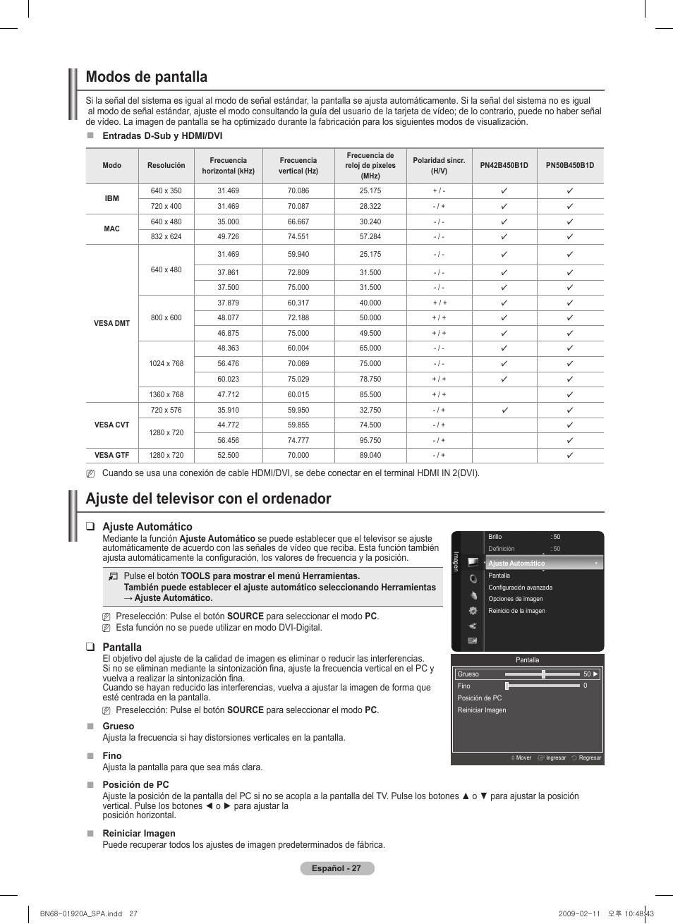 Ajuste del televisor con el ordenador, Modos de pantalla, Ajuste automático | Pantalla | Samsung BN68-01920A-00 User Manual | Page 72 / 91