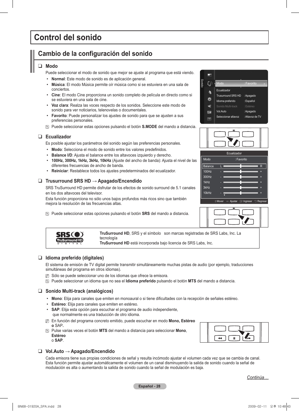 Control del sonido, Cambio de la configuración del sonido, Modo | Ecualizador, Trusurroundsrshd→apagado/encendido, Idioma preferido (digitales), Sonido multi-track (analógicos), Vol.auto→apagado/encendido | Samsung BN68-01920A-00 User Manual | Page 73 / 91