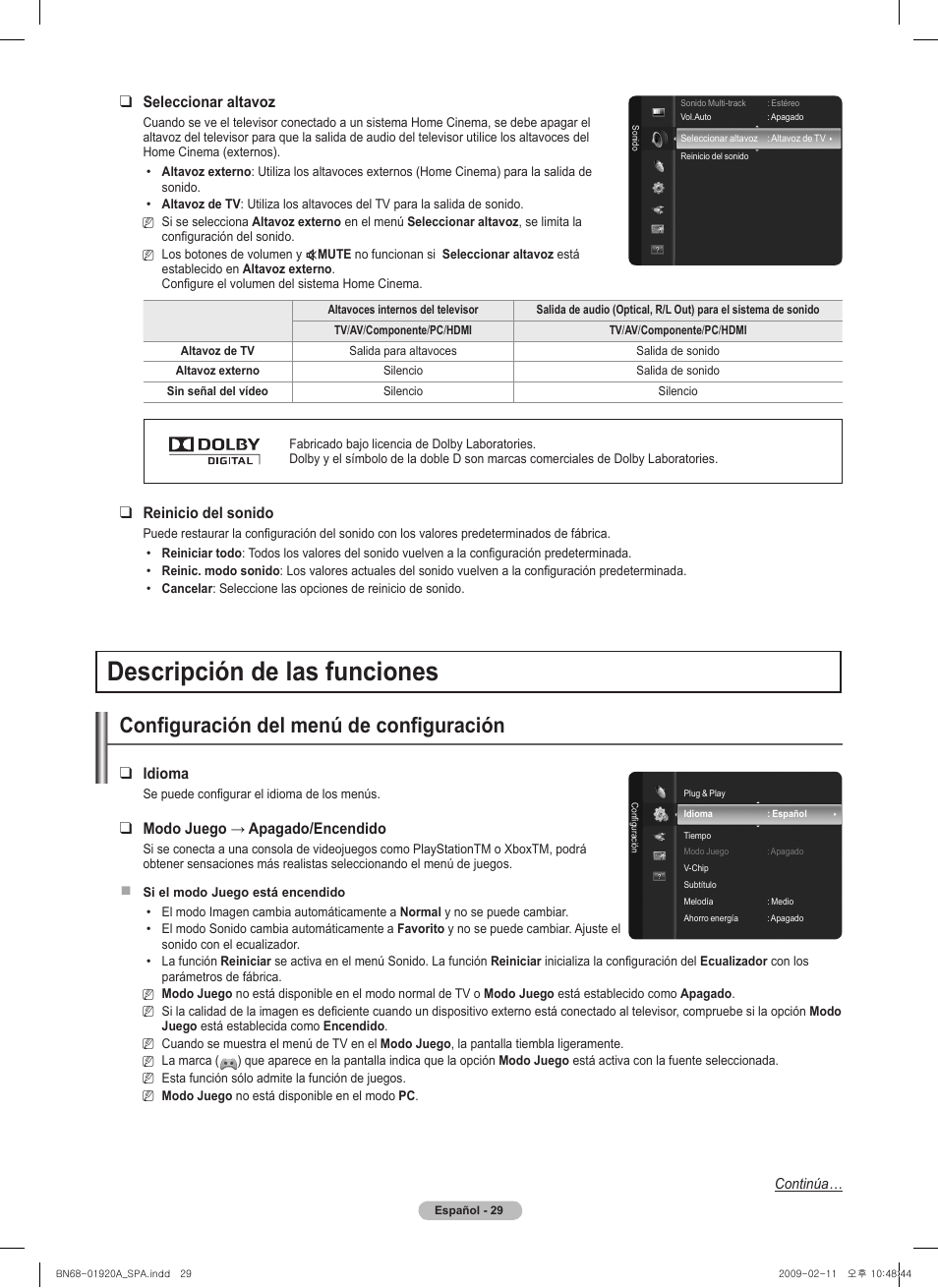 Descripción de las funciones, Configuración del menú de configuración, Seleccionar altavoz | Reinicio del sonido, Idioma, Modojuego→apagado/encendido | Samsung BN68-01920A-00 User Manual | Page 74 / 91