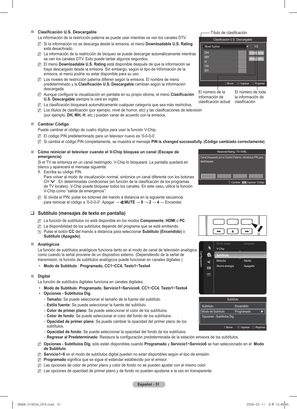 Subtítulo (mensajes de texto en pantalla) | Samsung BN68-01920A-00 User Manual | Page 76 / 91