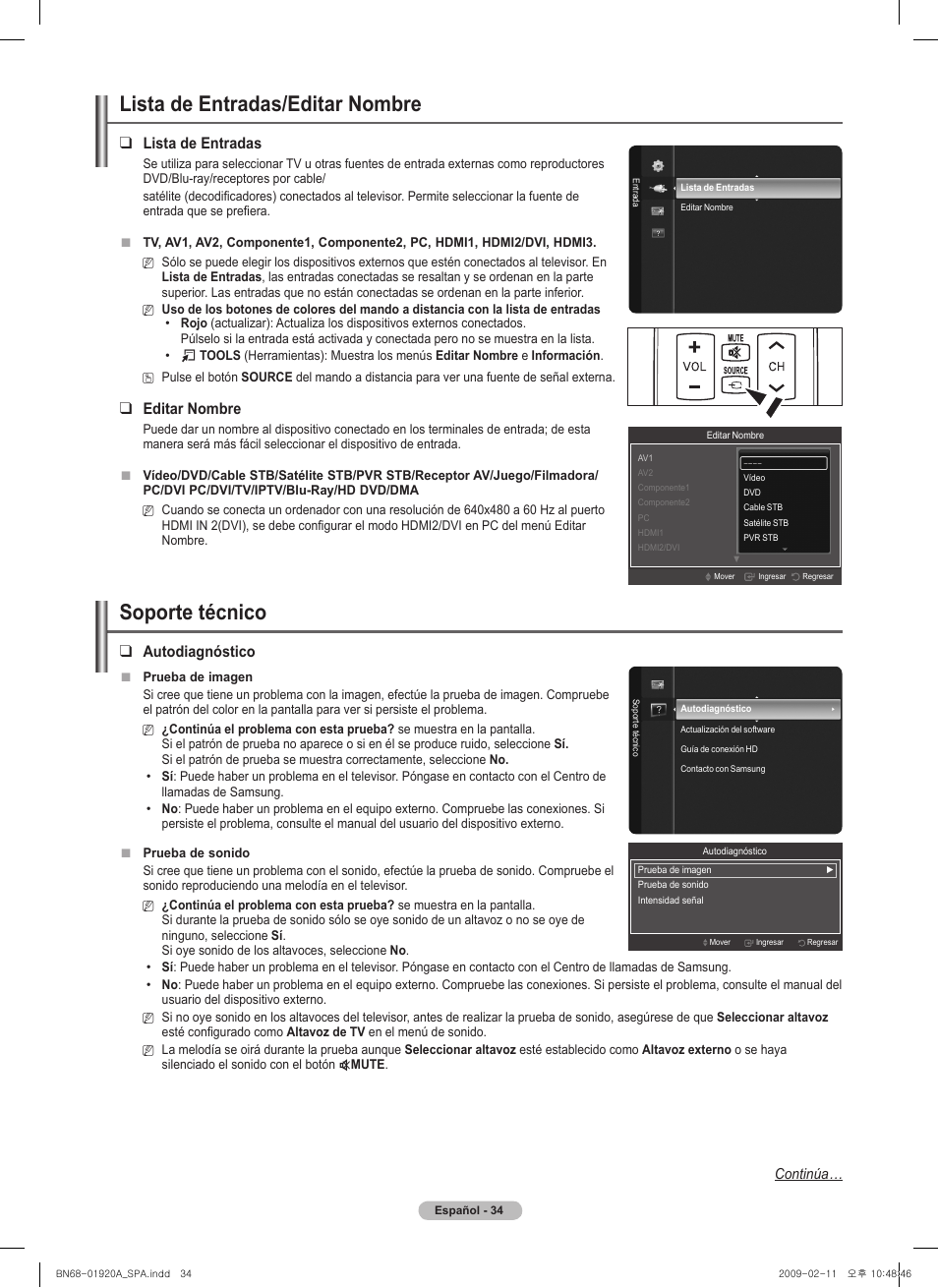 Lista de entradas/editar nombre, Soporte técnico, Lista de entradas | Editar nombre, Autodiagnóstico | Samsung BN68-01920A-00 User Manual | Page 79 / 91