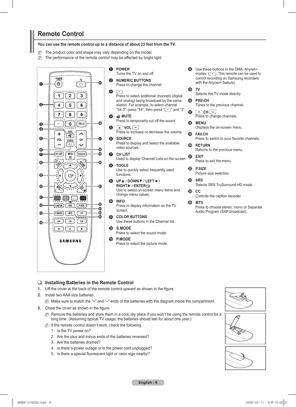 Remote control, Installing batteries in the remote control | Samsung BN68-01920A-00 User Manual | Page 8 / 91
