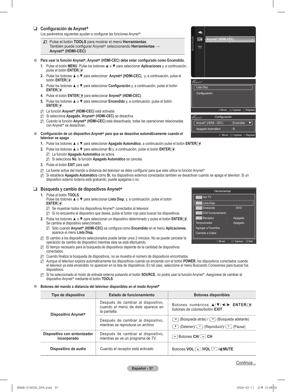 Configuración de anynet, Búsqueda y cambio de dispositivos anynet | Samsung BN68-01920A-00 User Manual | Page 82 / 91
