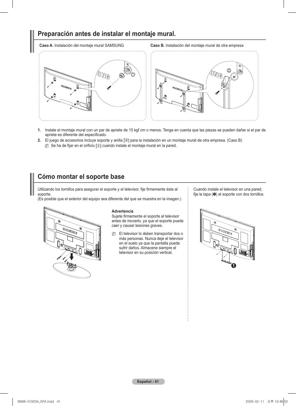Preparación antes de instalar el montaje mural, Cómo montar el soporte base | Samsung BN68-01920A-00 User Manual | Page 86 / 91