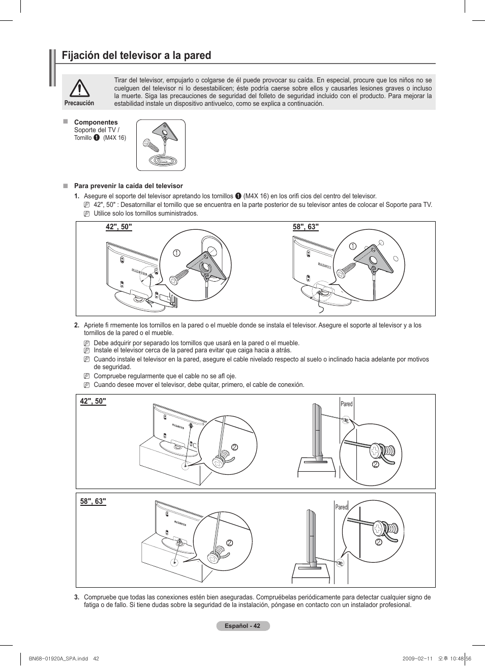 경고 주의 경고 주의, Fijación del televisor a la pared | Samsung BN68-01920A-00 User Manual | Page 87 / 91