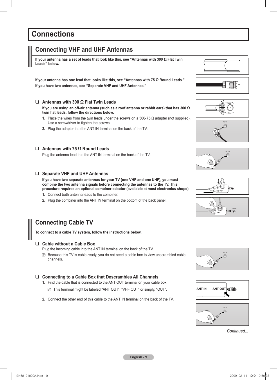 Connections, Connecting vhf and uhf antennas, Connecting cable tv | Antennaswith300ωflattwinleads, Antennaswith75ωroundleads, Separate vhf and uhf antennas, Cable without a cable box | Samsung BN68-01920A-00 User Manual | Page 9 / 91