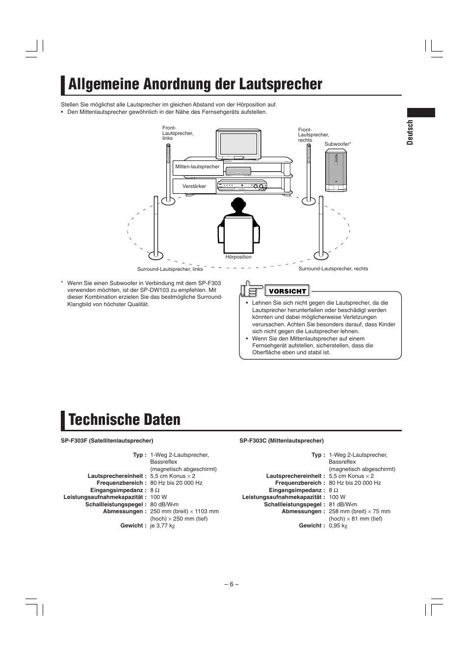 Allgemeine anordnung der lautsprecher, Technische daten | JVC SP-F303E User Manual | Page 13 / 92