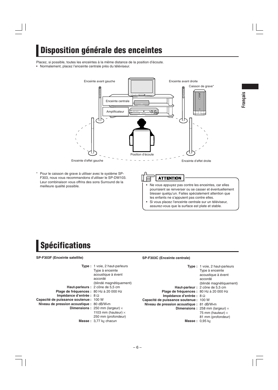 Disposition générale des enceintes spécifications | JVC SP-F303E User Manual | Page 19 / 92