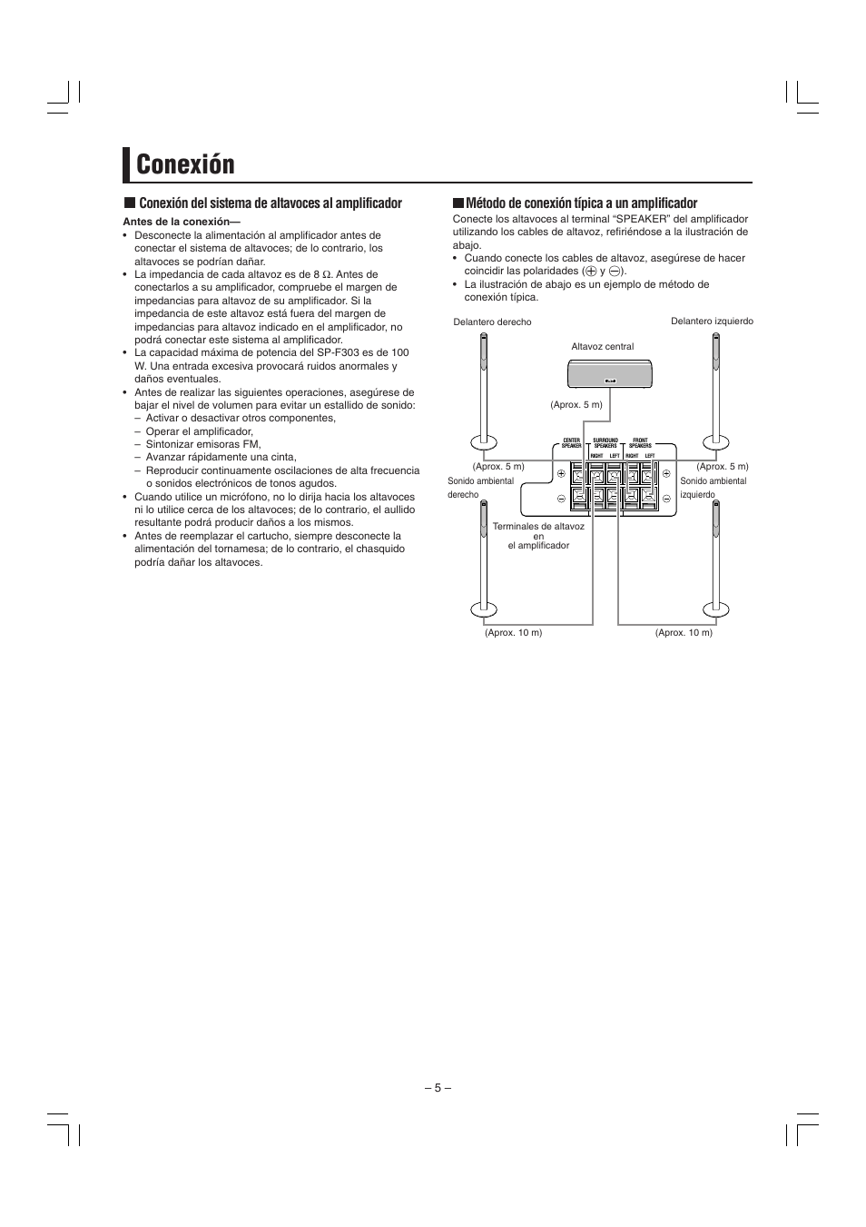 Conexión, Conexión del sistema de altavoces al amplificador, Método de conexión típica a un amplificador | JVC SP-F303E User Manual | Page 30 / 92