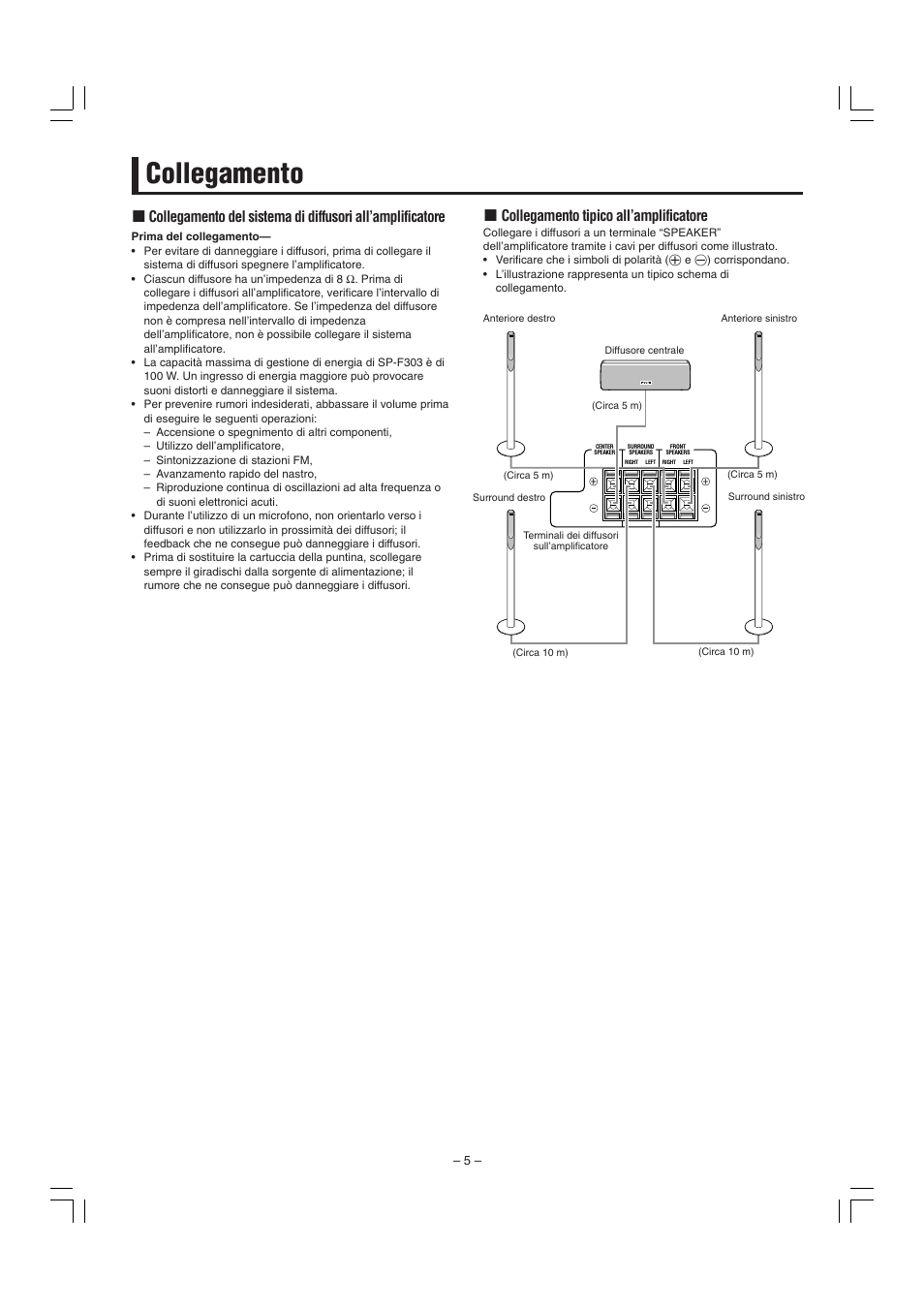 Collegamento, Collegamento tipico all’amplificatore | JVC SP-F303E User Manual | Page 36 / 92