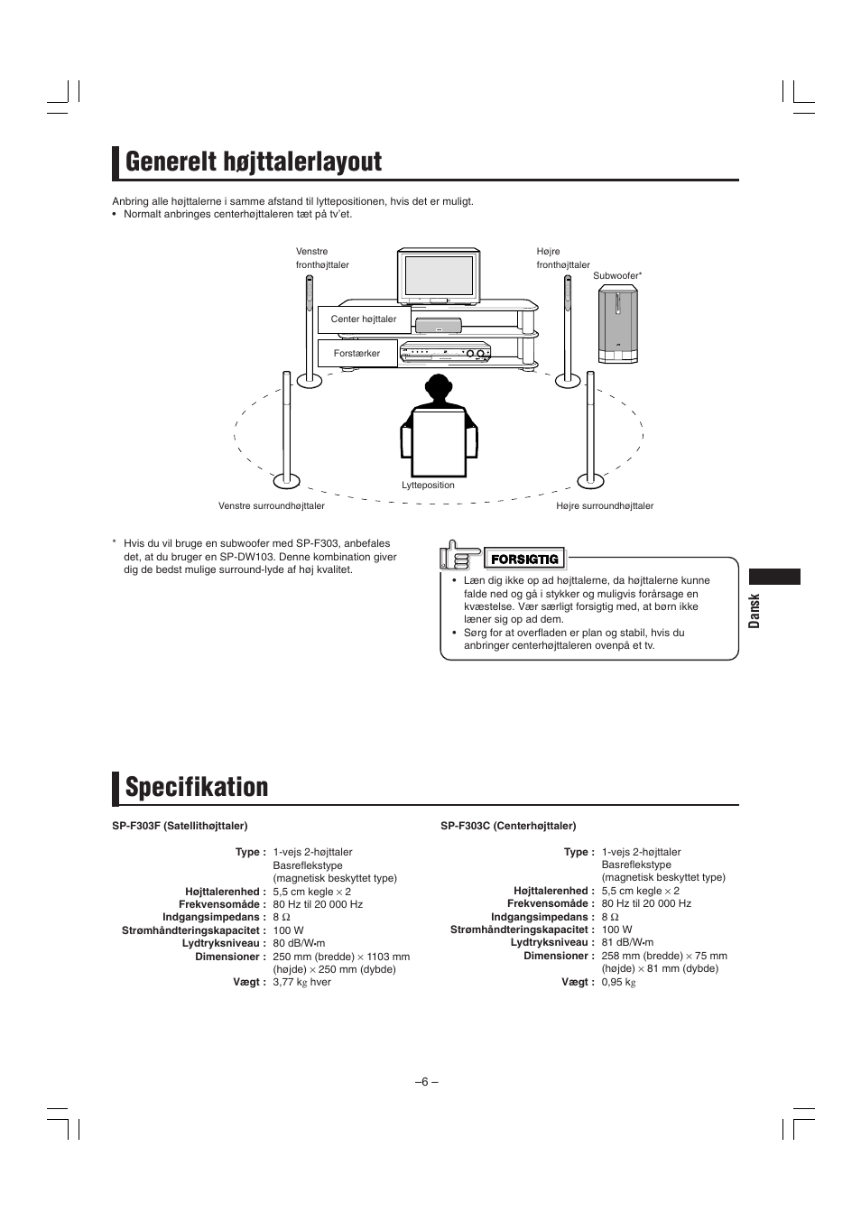 Generelt højttalerlayout specifikation | JVC SP-F303E User Manual | Page 49 / 92