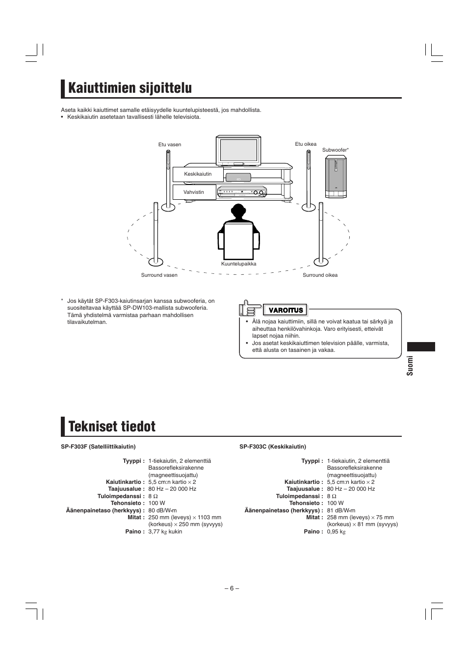 Kaiuttimien sijoittelu tekniset tiedot | JVC SP-F303E User Manual | Page 55 / 92
