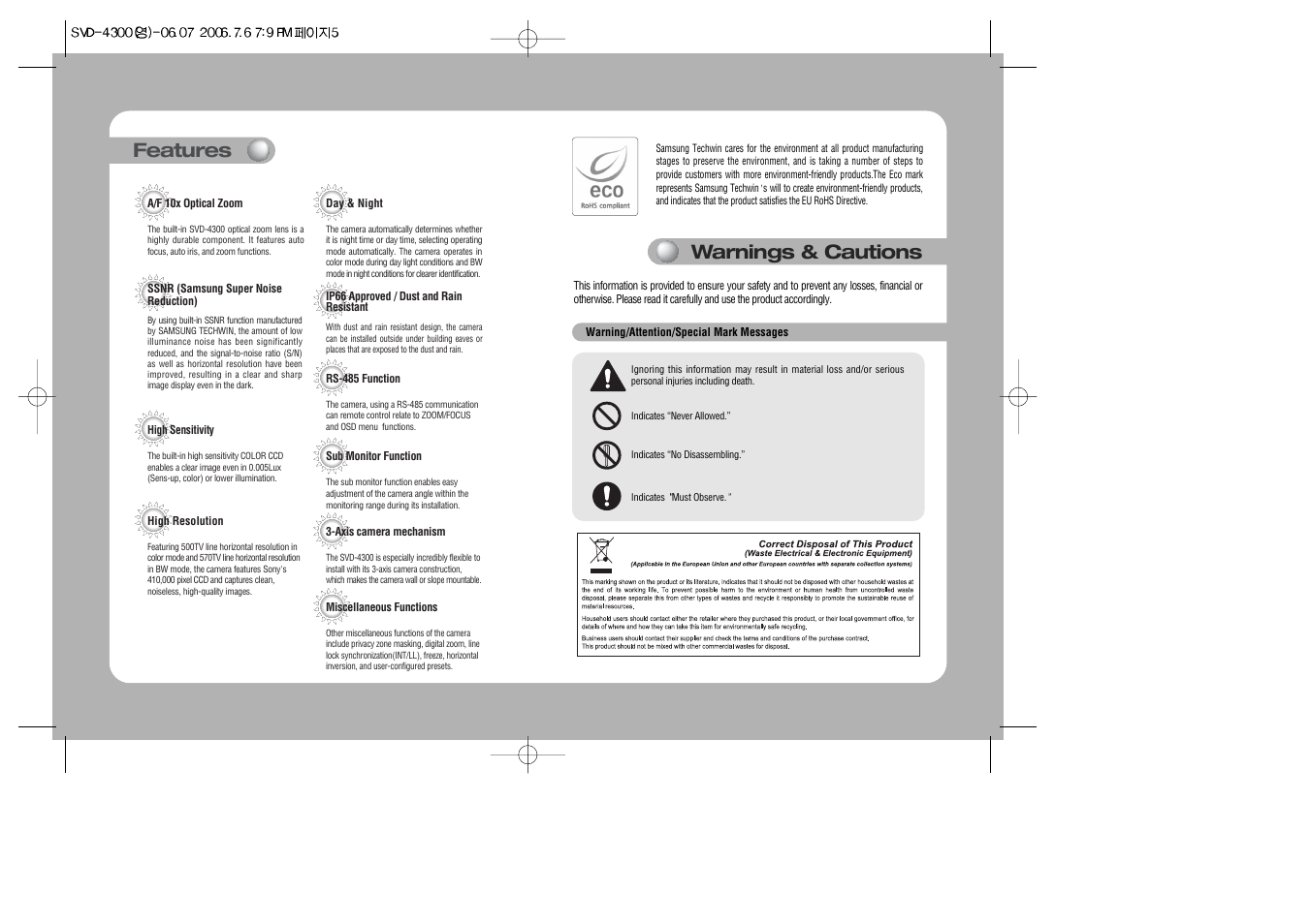 Features, Warnings & cautions | Samsung SVD-4300 User Manual | Page 3 / 22