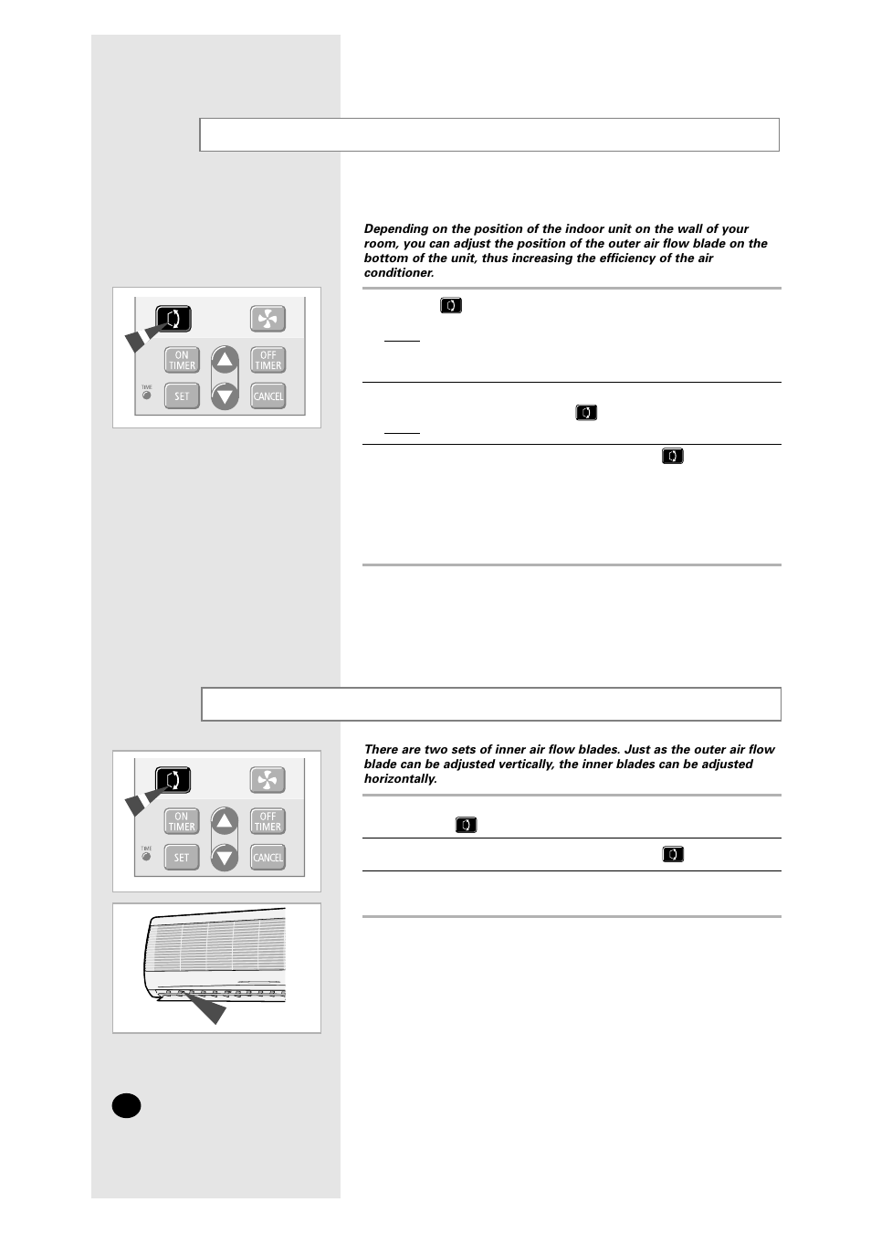 Adjusting the air flow direction vertically, Adjusting the air flow direction horizontally | Samsung AM27A1C13 User Manual | Page 14 / 46
