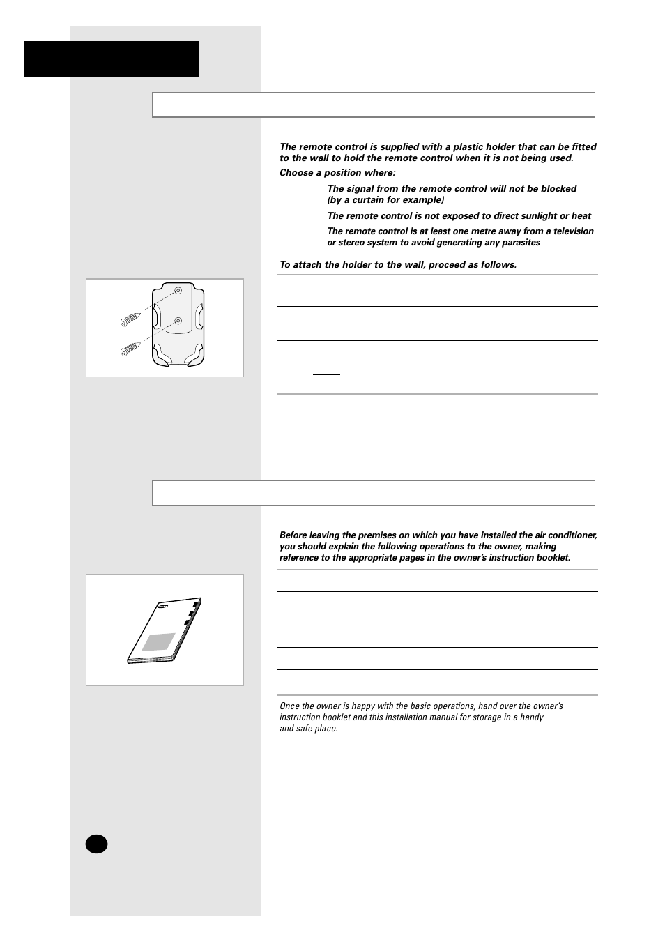 Installing the remote control holder, Explaining operations to the owner | Samsung AM27A1C13 User Manual | Page 44 / 46