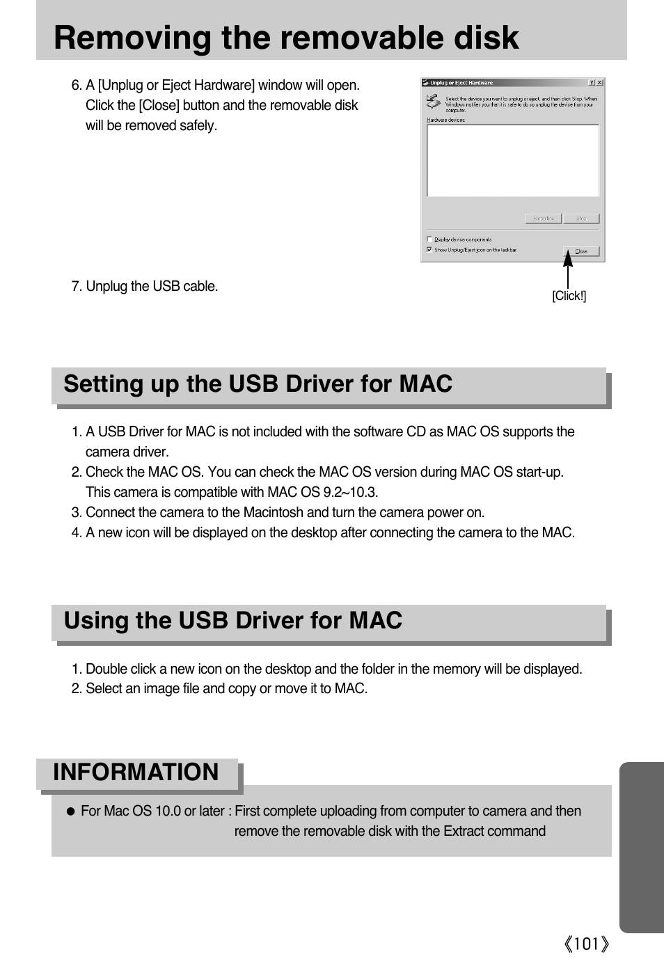 Removing the removable disk, Information | Samsung Digimax A402 User Manual | Page 101 / 108