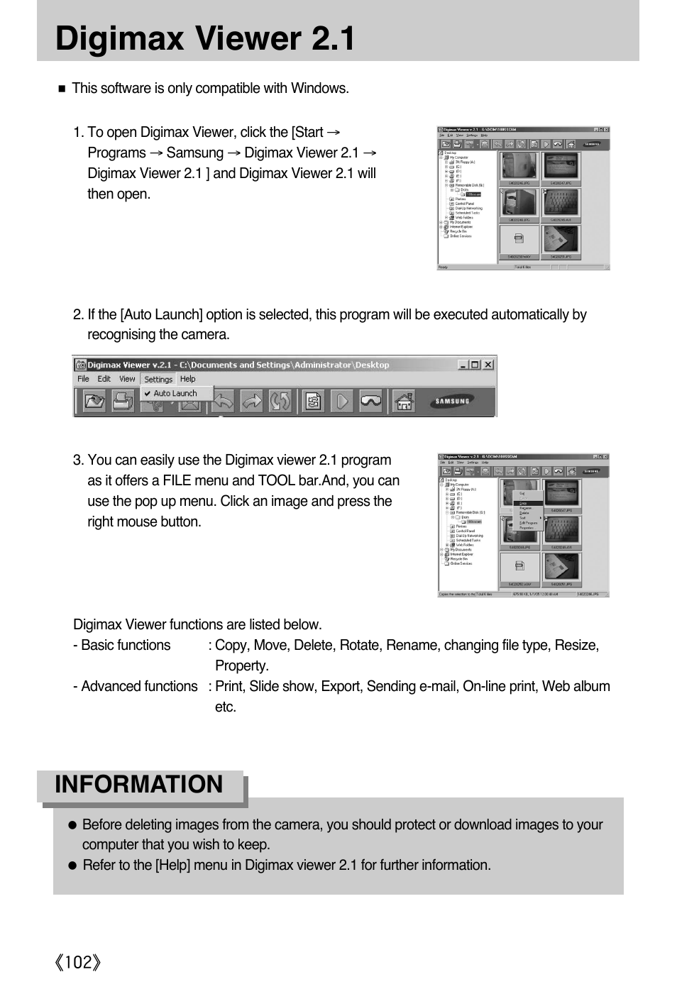 Digimax viewer 2.1, Information | Samsung Digimax A402 User Manual | Page 102 / 108