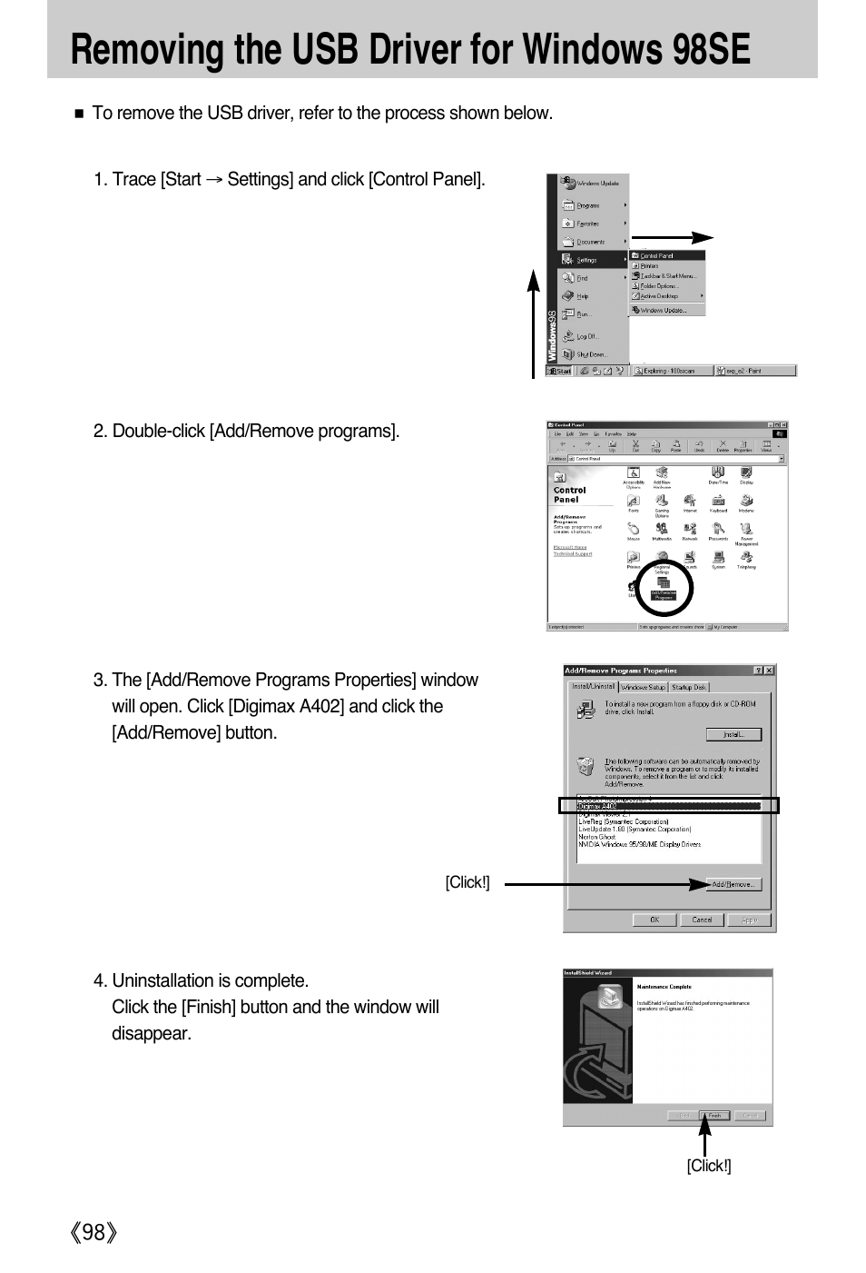 Removing the usb driver for windows 98se | Samsung Digimax A402 User Manual | Page 98 / 108