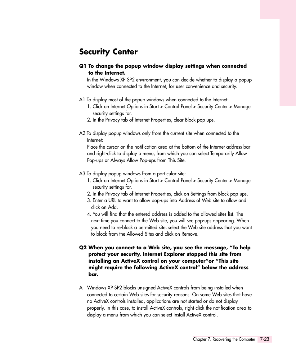 Security center | Samsung Q30 User Manual | Page 116 / 127