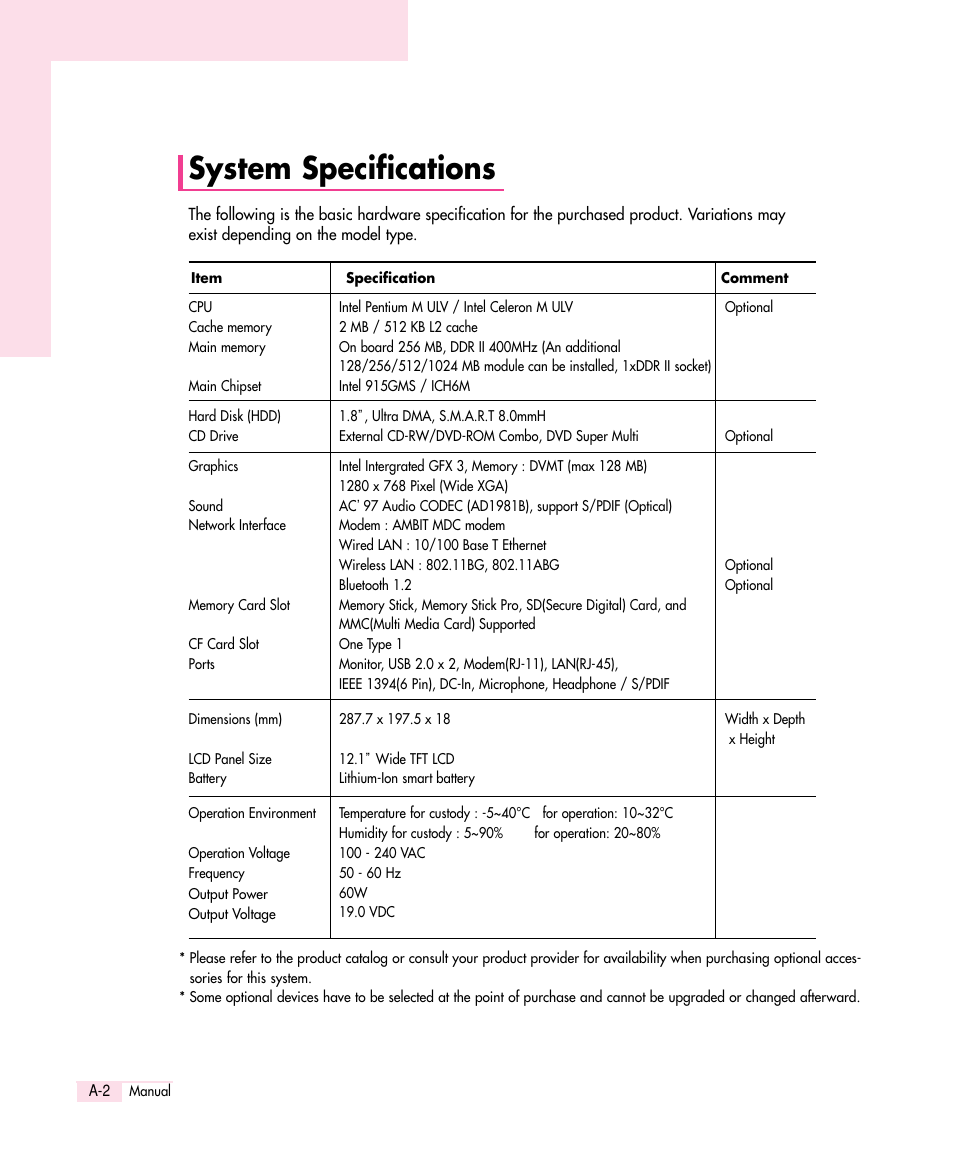 System specifications | Samsung Q30 User Manual | Page 121 / 127