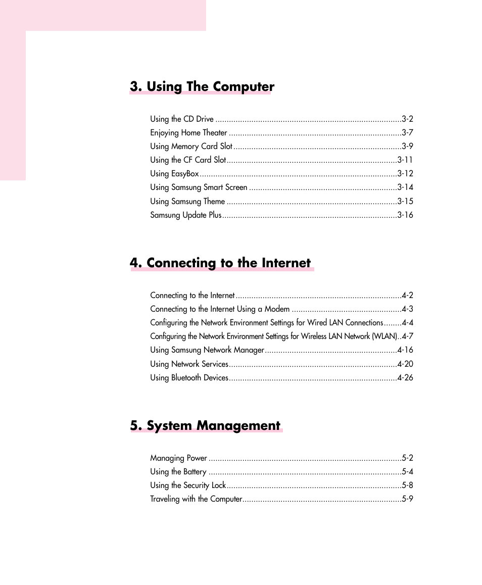 Using the computer, Connecting to the internet, System management | Samsung Q30 User Manual | Page 3 / 127