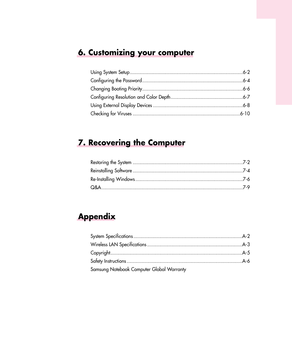 Customizing your computer, Recovering the computer, Appendix | Samsung Q30 User Manual | Page 4 / 127