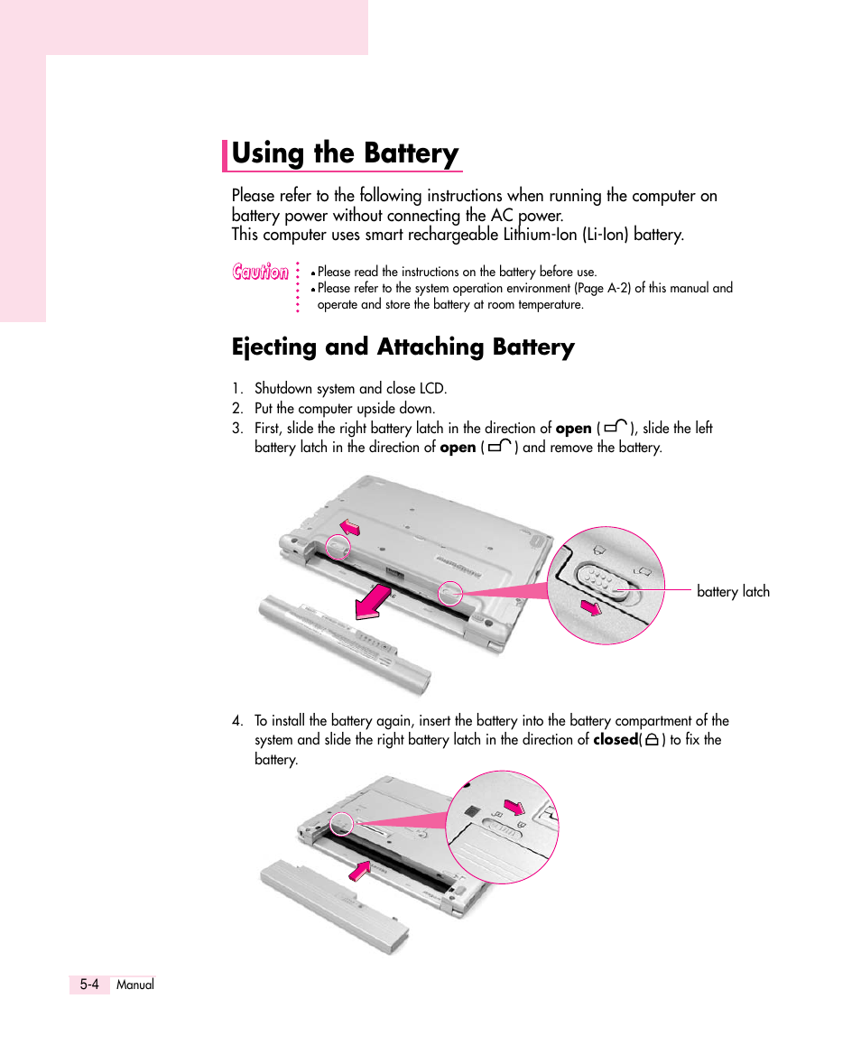 Using the battery, Ejecting and attaching battery | Samsung Q30 User Manual | Page 77 / 127