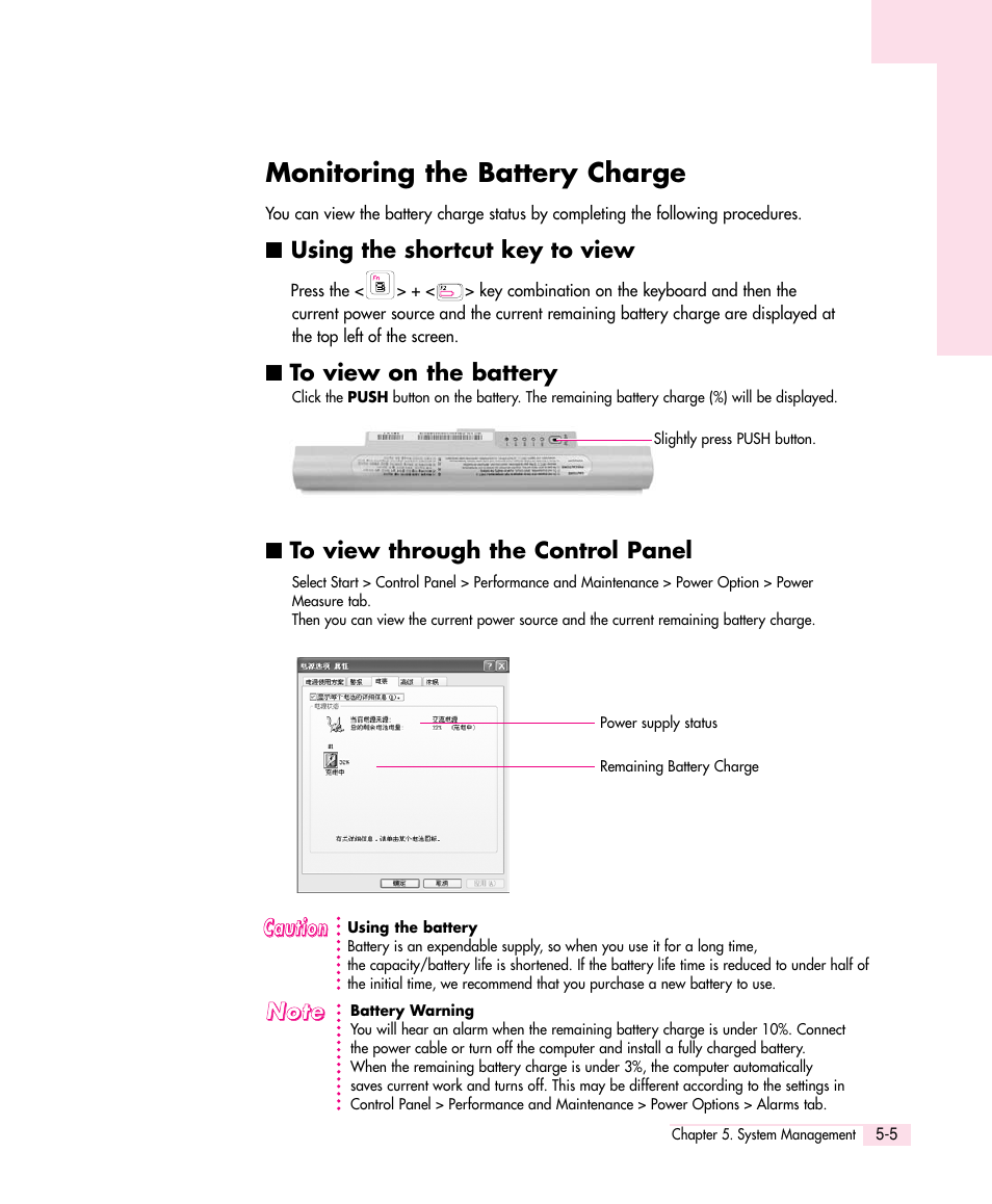 Monitoring the battery charge | Samsung Q30 User Manual | Page 78 / 127