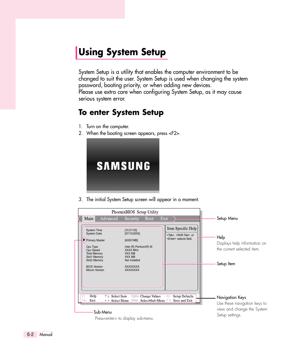 Using system setup, To enter system setup | Samsung Q30 User Manual | Page 85 / 127