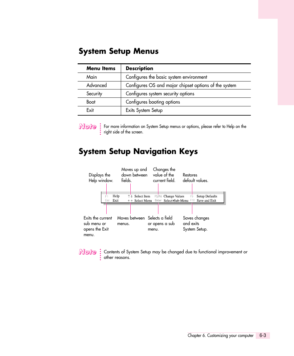 System setup menus, System setup navigation keys | Samsung Q30 User Manual | Page 86 / 127