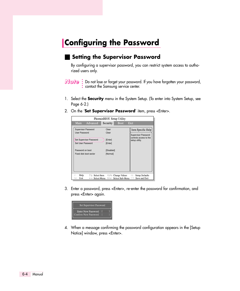 Configuring the password, Setting the supervisor password | Samsung Q30 User Manual | Page 87 / 127