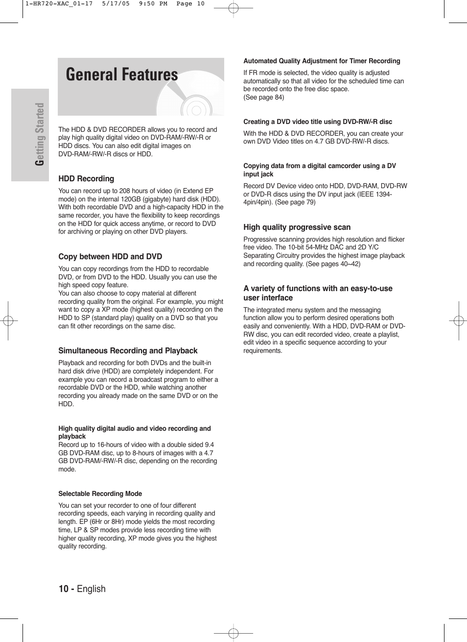 General features, Getting started, 10 - english | Samsung DVD-HR720 User Manual | Page 10 / 130