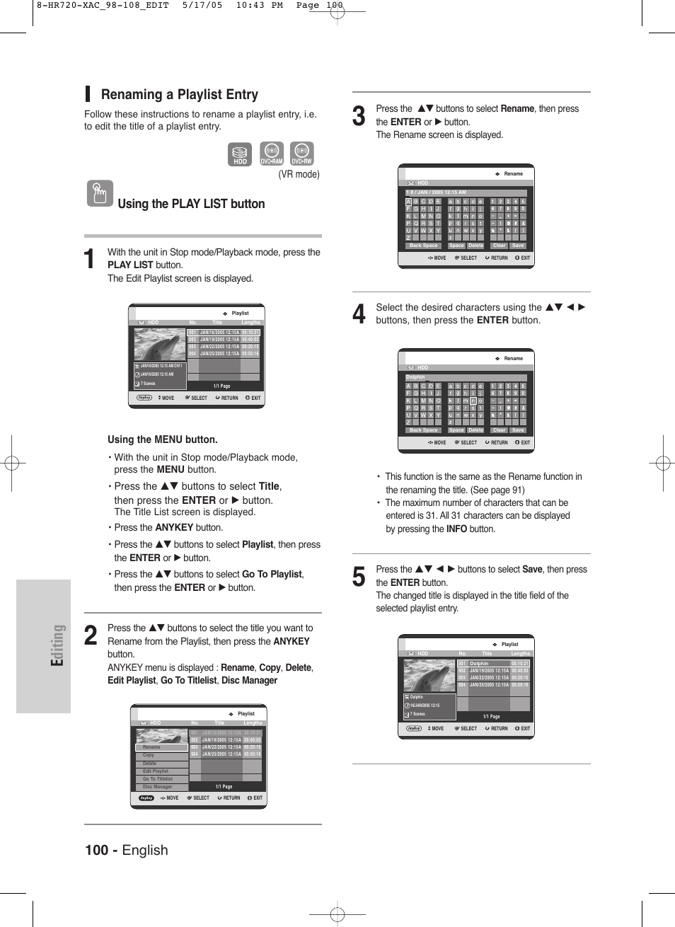 Editing, 100 - english, Renaming a playlist entry | Using the play list button, Using the menu button, Vr mode) | Samsung DVD-HR720 User Manual | Page 100 / 130