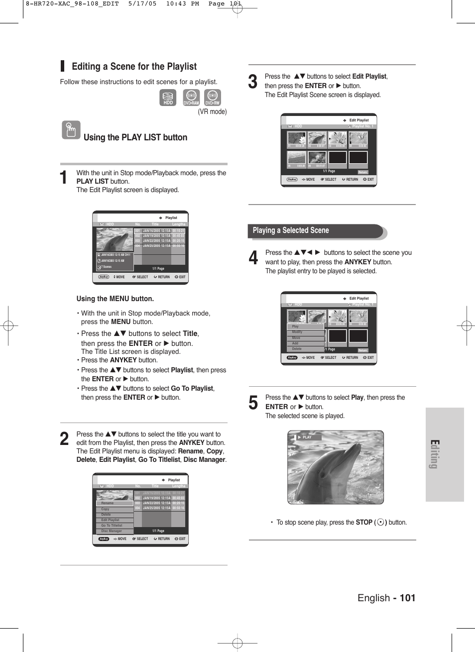 Editing, English - 101, Editing a scene for the playlist | Using the play list button, Playing a selected scene, Using the menu button, Vr mode) | Samsung DVD-HR720 User Manual | Page 101 / 130