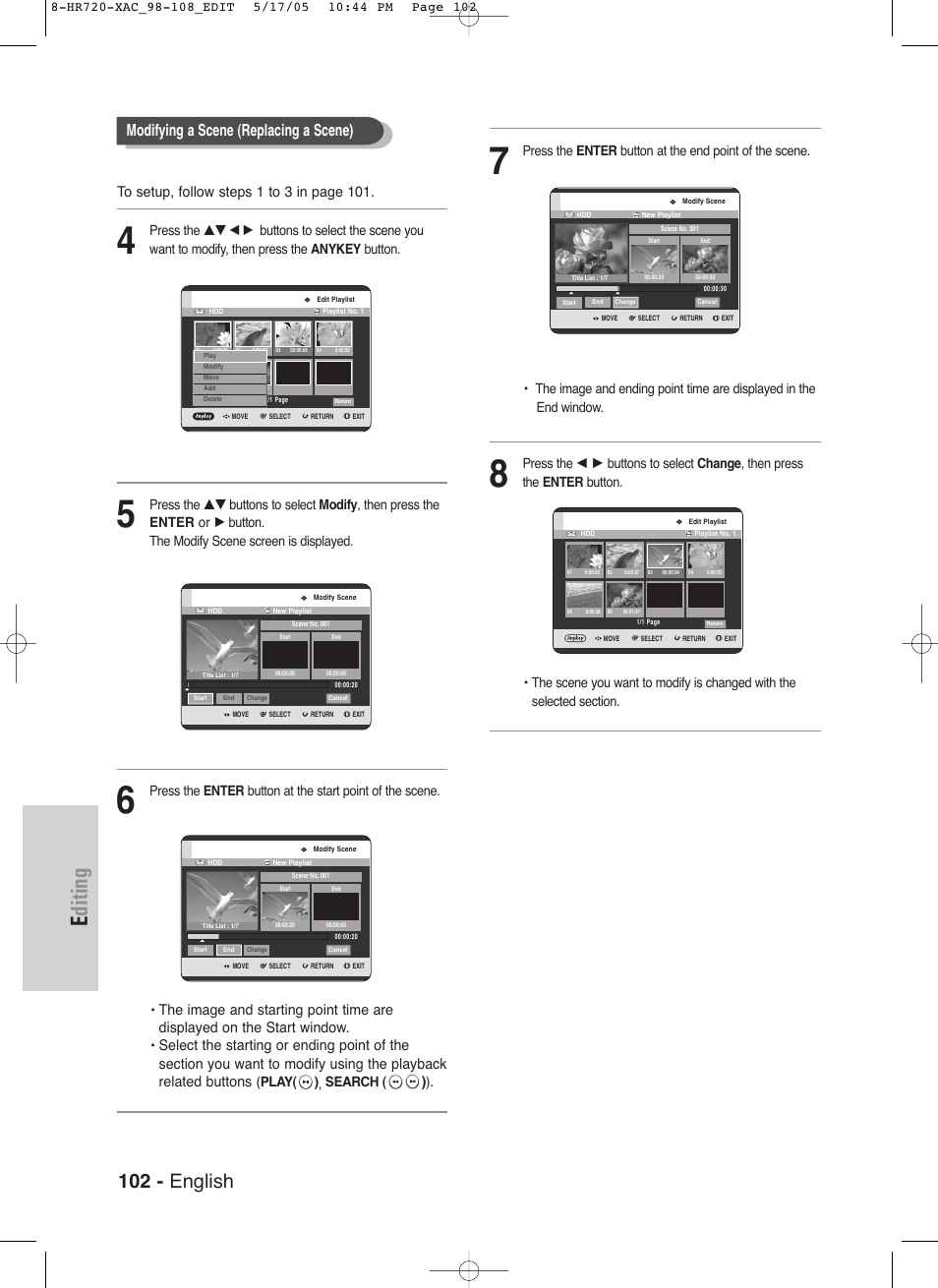 Editing, English, Modifying a scene (replacing a scene) | Play( ) , search | Samsung DVD-HR720 User Manual | Page 102 / 130