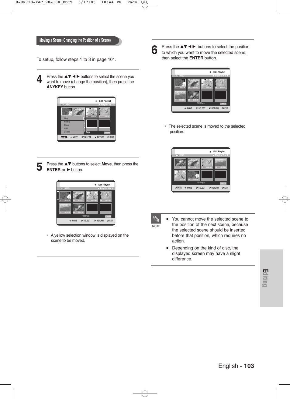 Editing, English - 103, Moving a scene (changing the position of a scene) | Samsung DVD-HR720 User Manual | Page 103 / 130