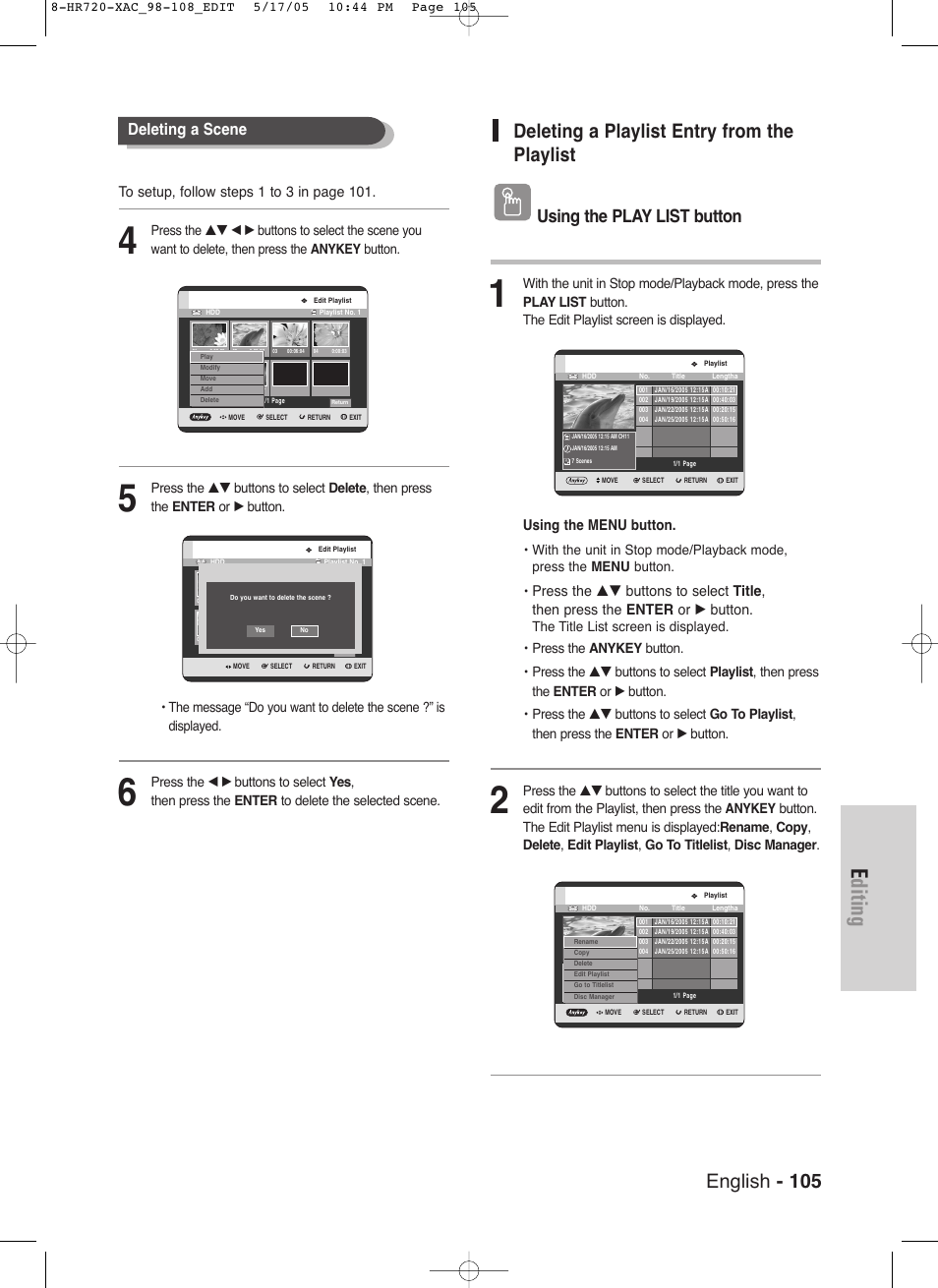 Editing, English - 105, Deleting a playlist entry from the playlist | Using the play list button, Deleting a scene, Using the menu button | Samsung DVD-HR720 User Manual | Page 105 / 130