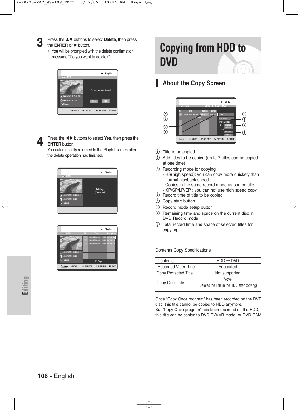 Copying from hdd to dvd, Editing, 106 - english | About the copy screen, Contents copy specifications, Contents hdd | Samsung DVD-HR720 User Manual | Page 106 / 130