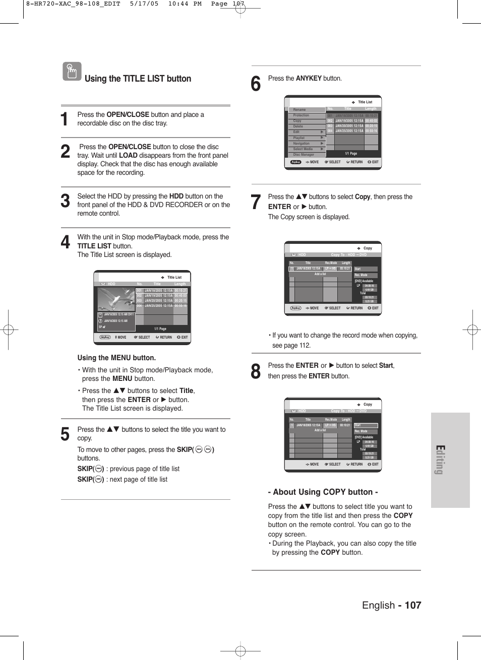 Editing, English - 107, Using the title list button | About using copy button, Using the menu button | Samsung DVD-HR720 User Manual | Page 107 / 130