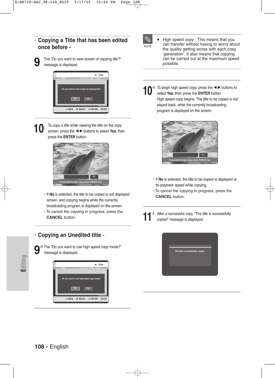 Editing, 108 - english, Copying a title that has been edited once before | Copying an unedited title | Samsung DVD-HR720 User Manual | Page 108 / 130