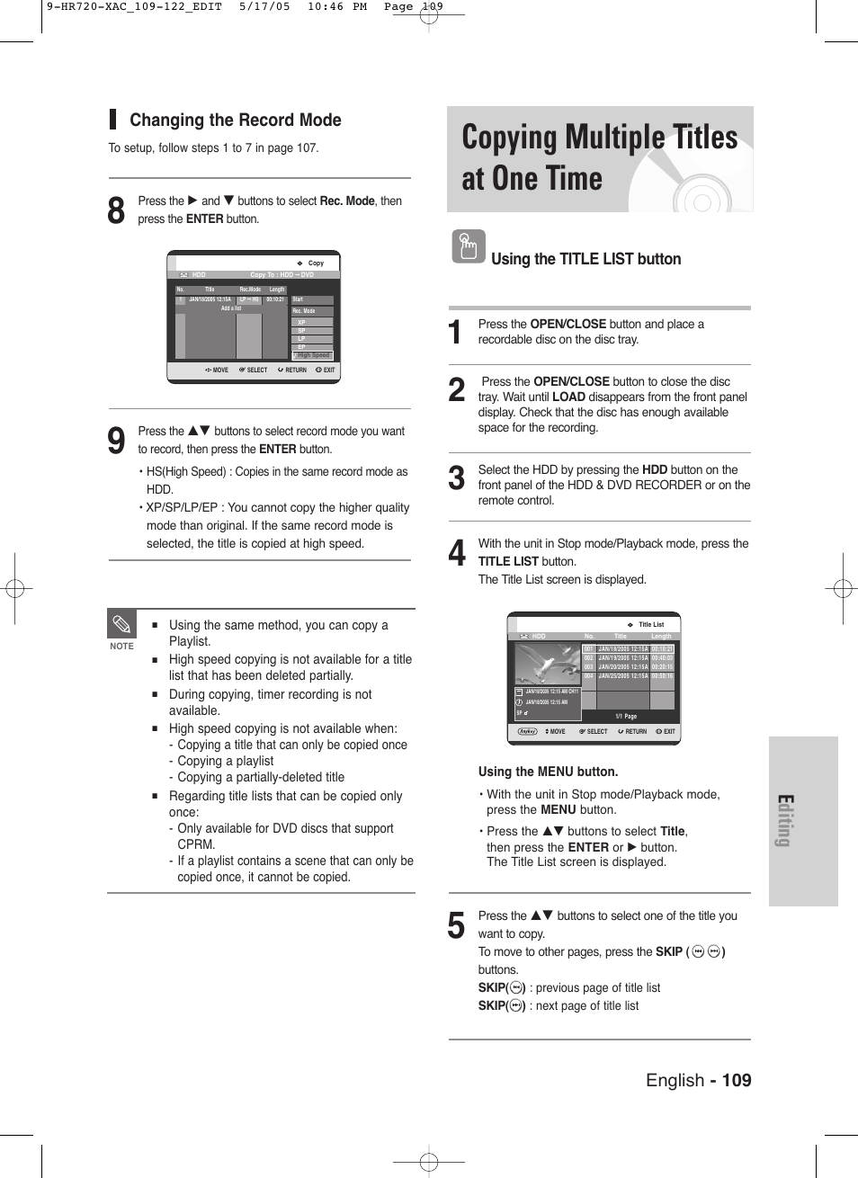 Copying multiple titles at one time, Editing, English - 109 | Changing the record mode, Using the title list button | Samsung DVD-HR720 User Manual | Page 109 / 130