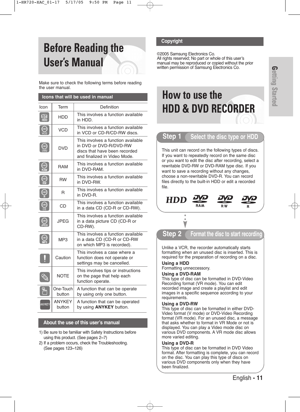 Before reading the user’s manual, How to use the hdd & dvd recorder, Getting started | Step 1, Step 2, Select the disc type or hdd, Format the disc to start recording, English - 11 | Samsung DVD-HR720 User Manual | Page 11 / 130