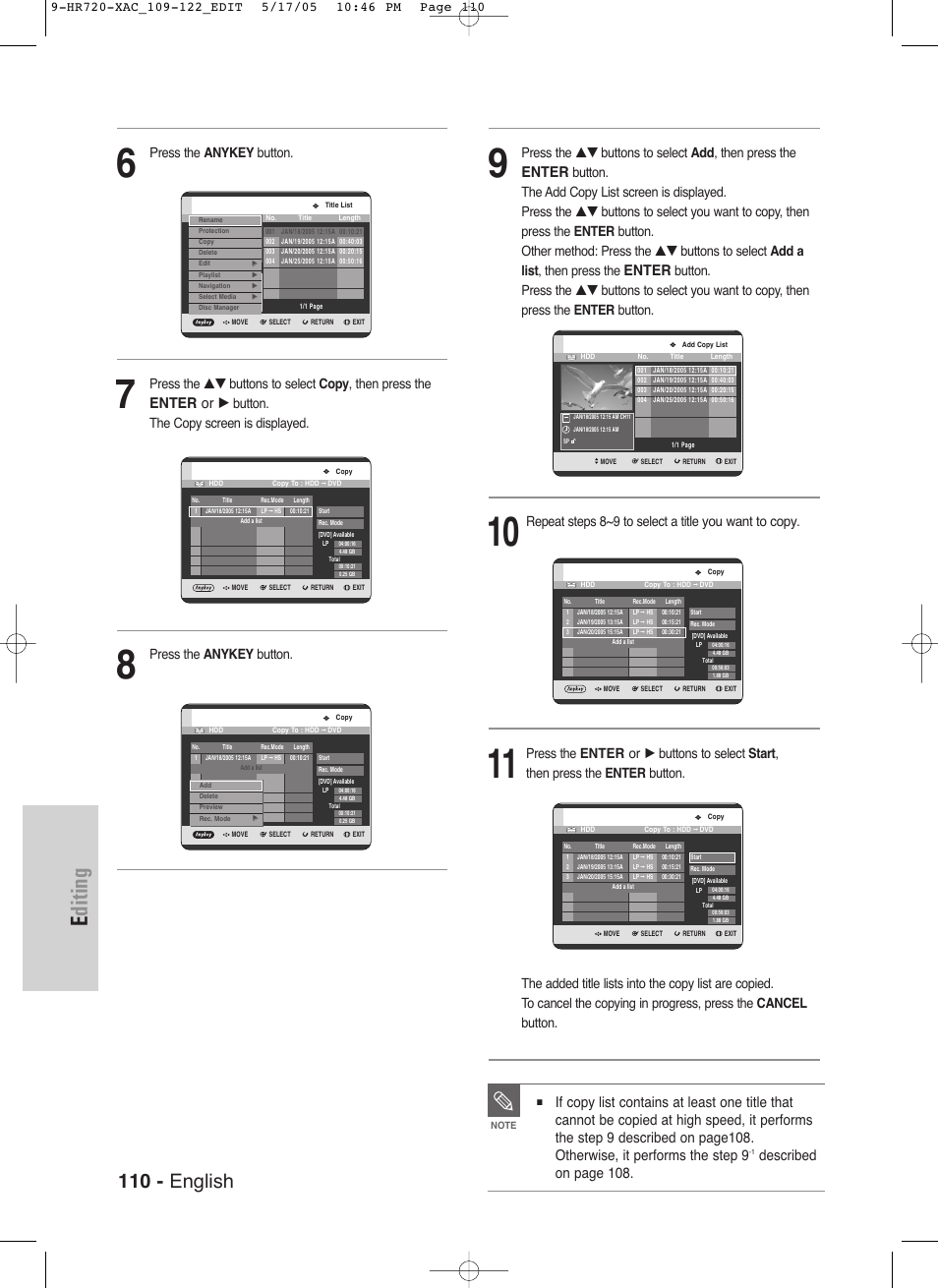 Editing, 110 - english, Enter or | Enter, Described on page 108, Press the anykey button, Button. the copy screen is displayed | Samsung DVD-HR720 User Manual | Page 110 / 130