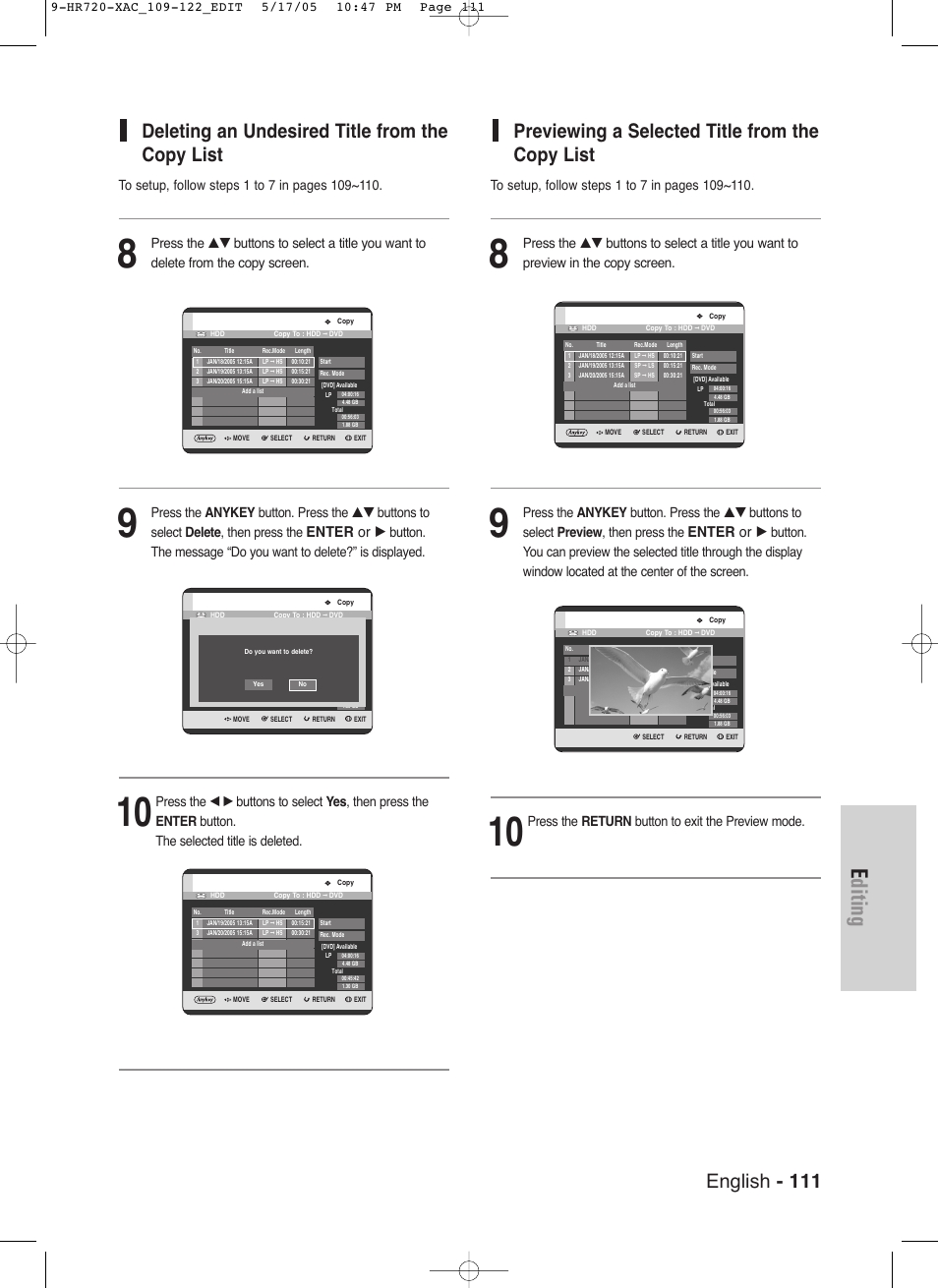 Editing, English - 111, Deleting an undesired title from the copy list | Previewing a selected title from the copy list, Enter or, Press the return button to exit the preview mode | Samsung DVD-HR720 User Manual | Page 111 / 130